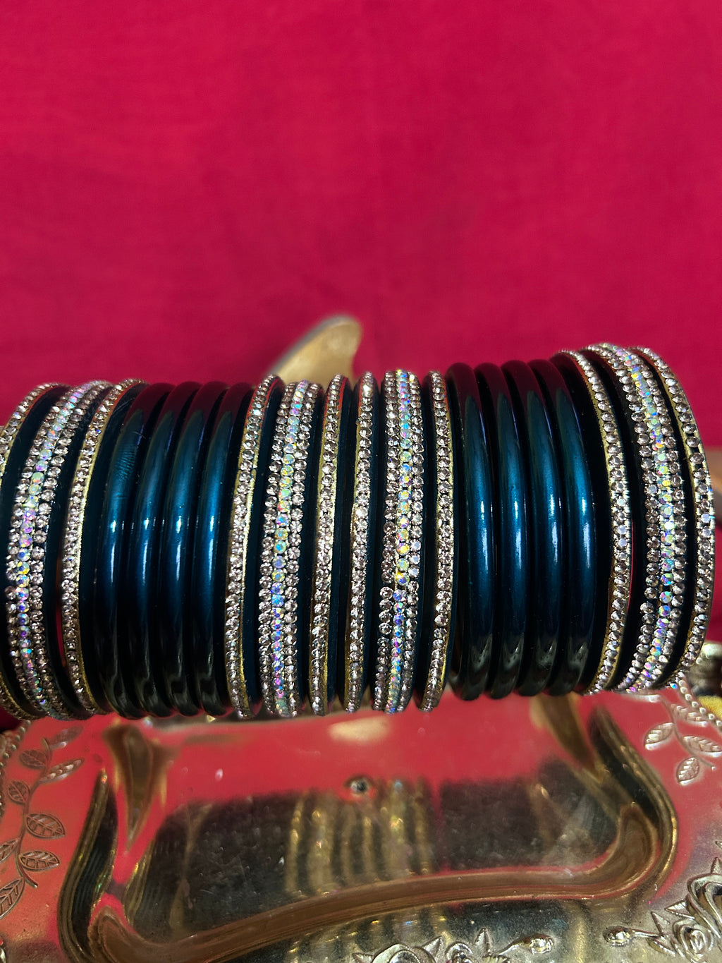 Designer Dark Teal Lah Bangles Set - Iridescent Stone Accents
