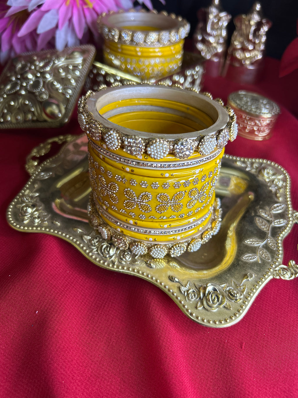Festive Yellow & Gold Ornate Bangle Set