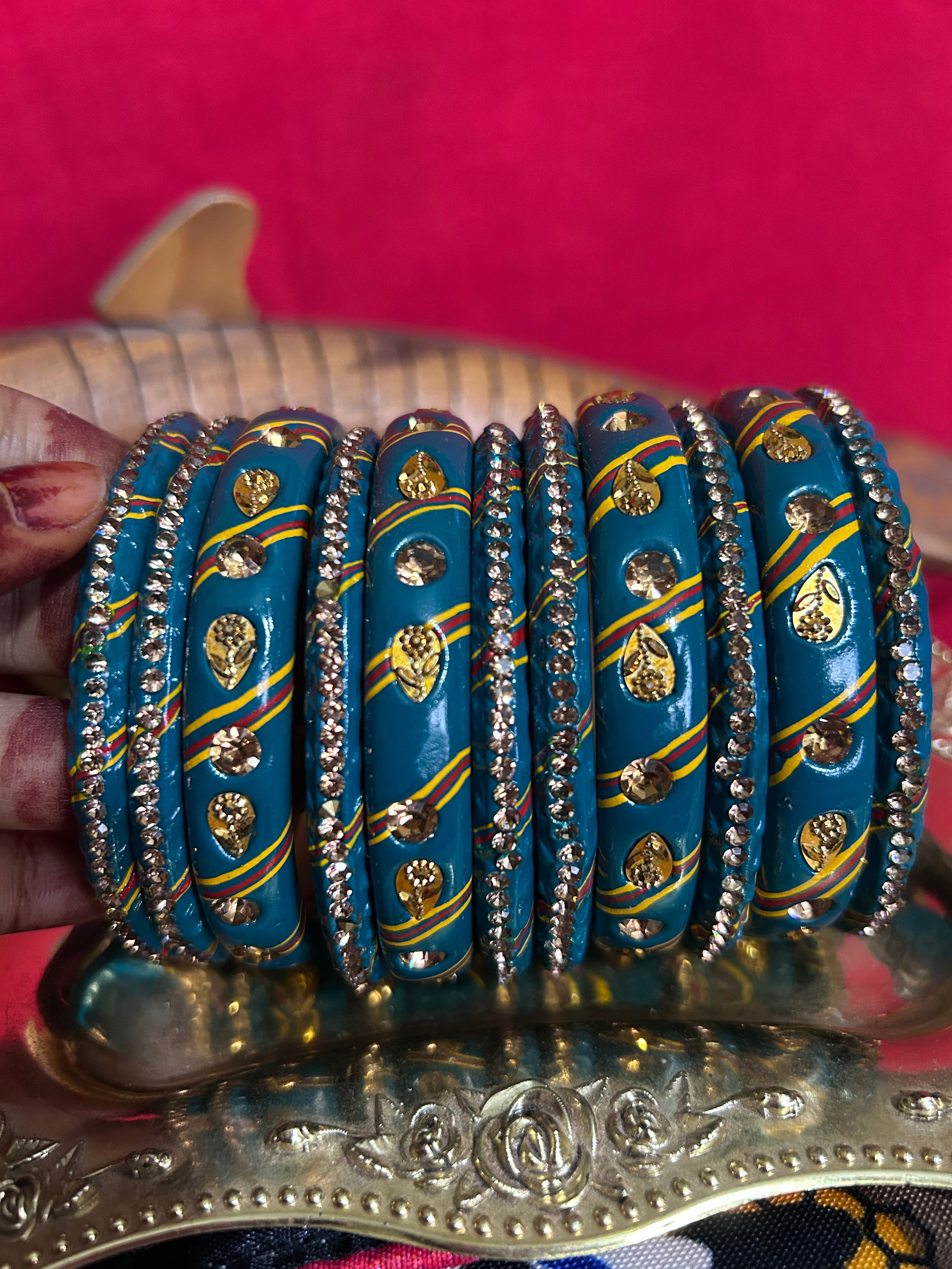 Designer Teal Blue Lah Bangles Set - Gold Leaf & Stone Work