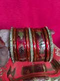 Designer Maroon Red Lah Bangles Set - Golden Peacock Feather Motifs