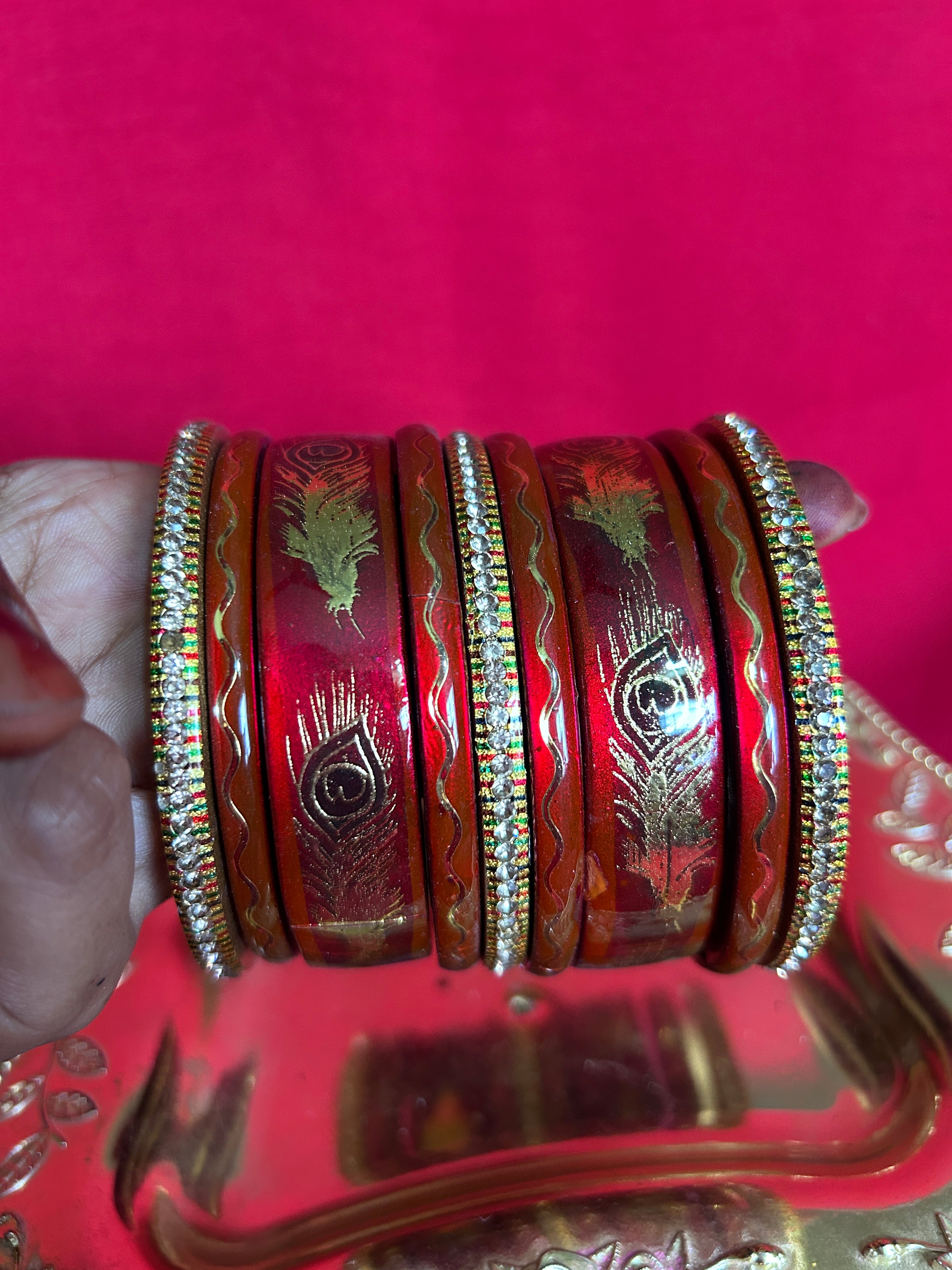 Designer Maroon Red Lah Bangles Set - Golden Peacock Feather Motifs