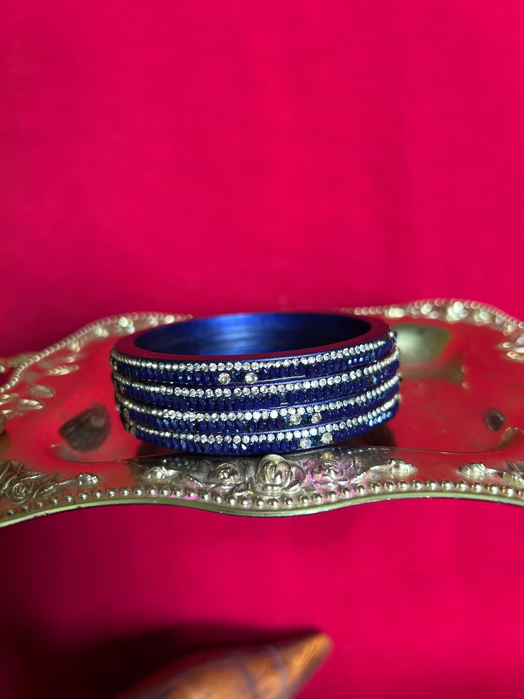 Designer Navy Blue Lah Bangles Set - Crystal Stone Accents