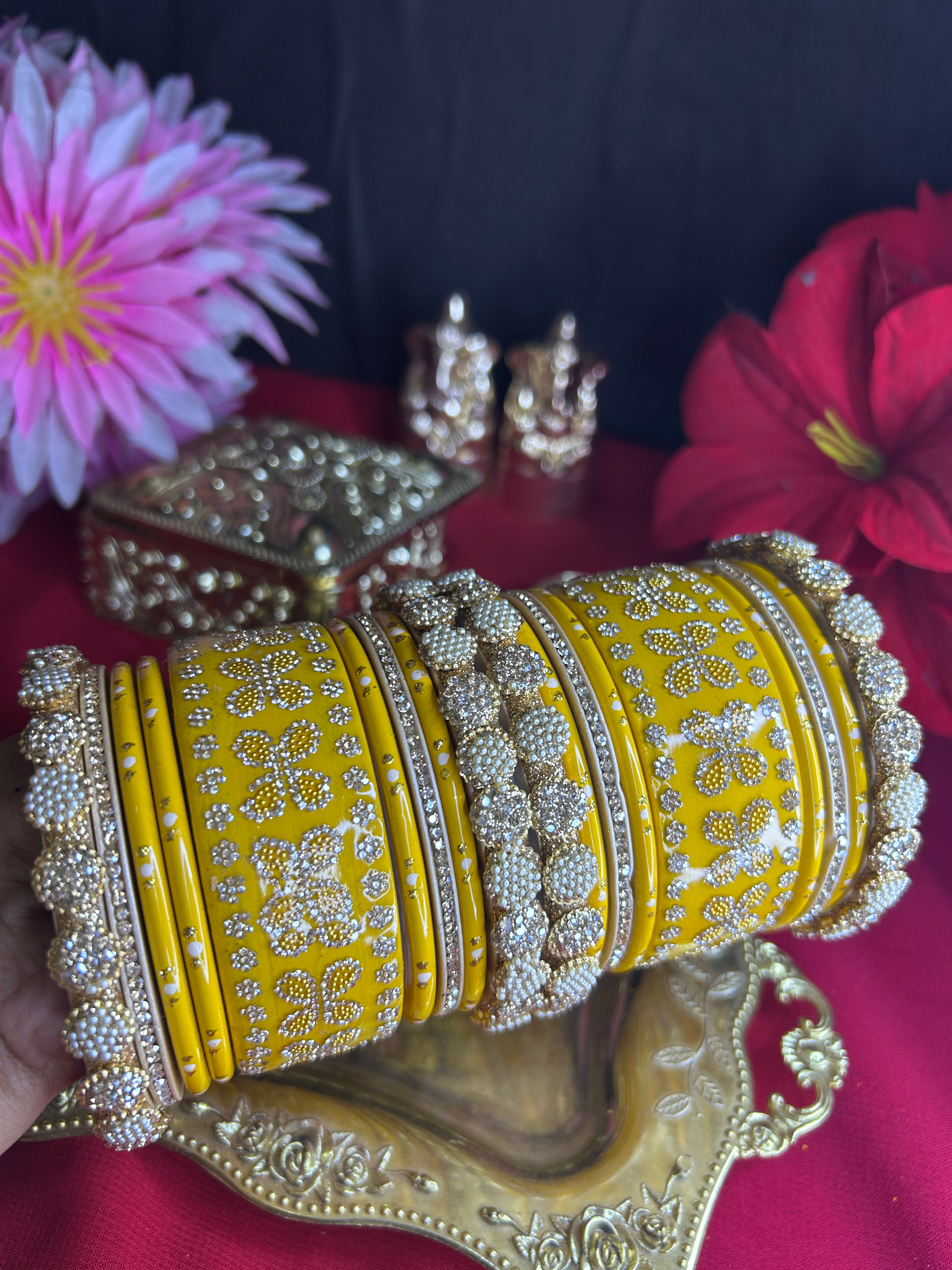 Festive Yellow & Gold Ornate Bangle Set