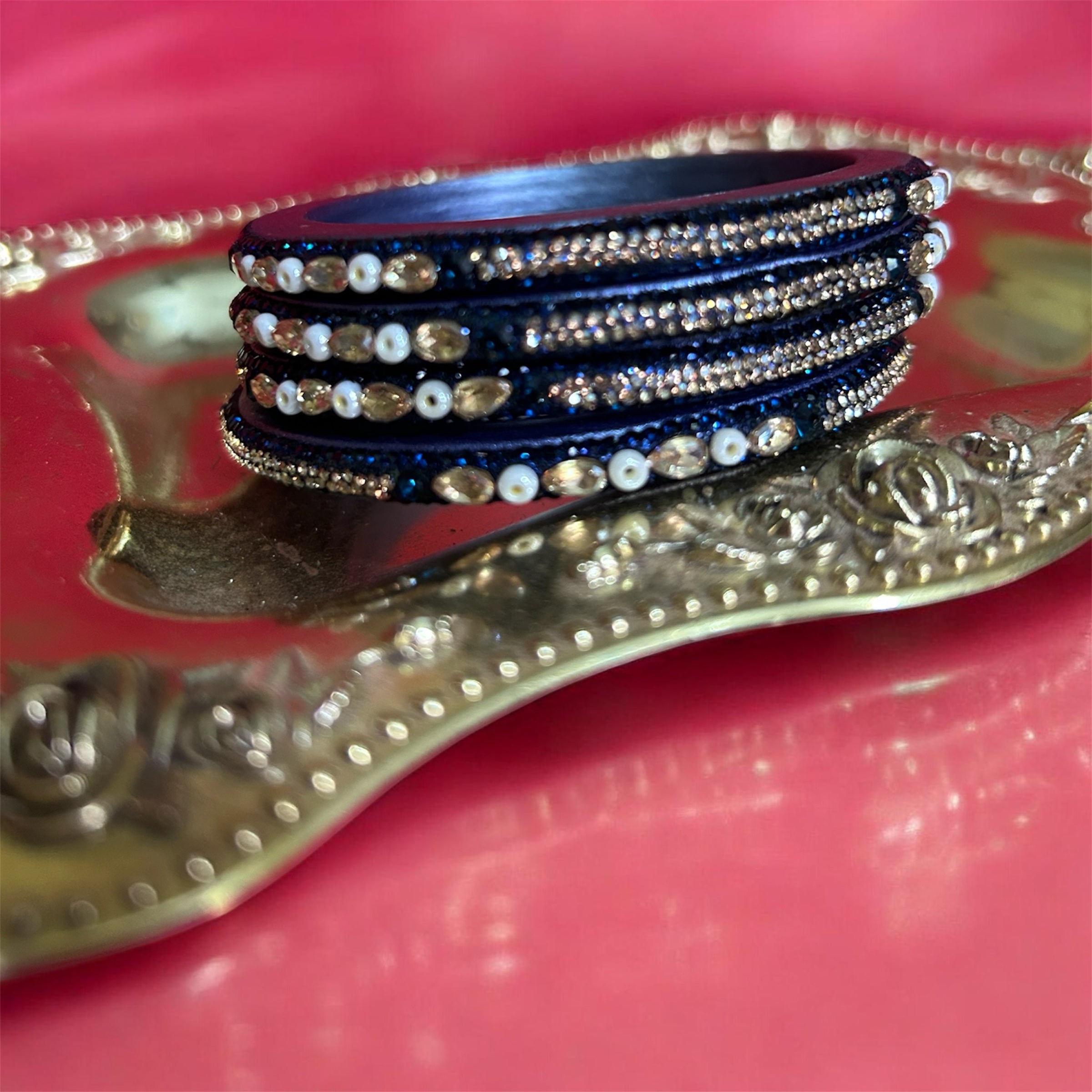 Designer Navy Blue Lah Bangles Set - Pearl & Gold Accents