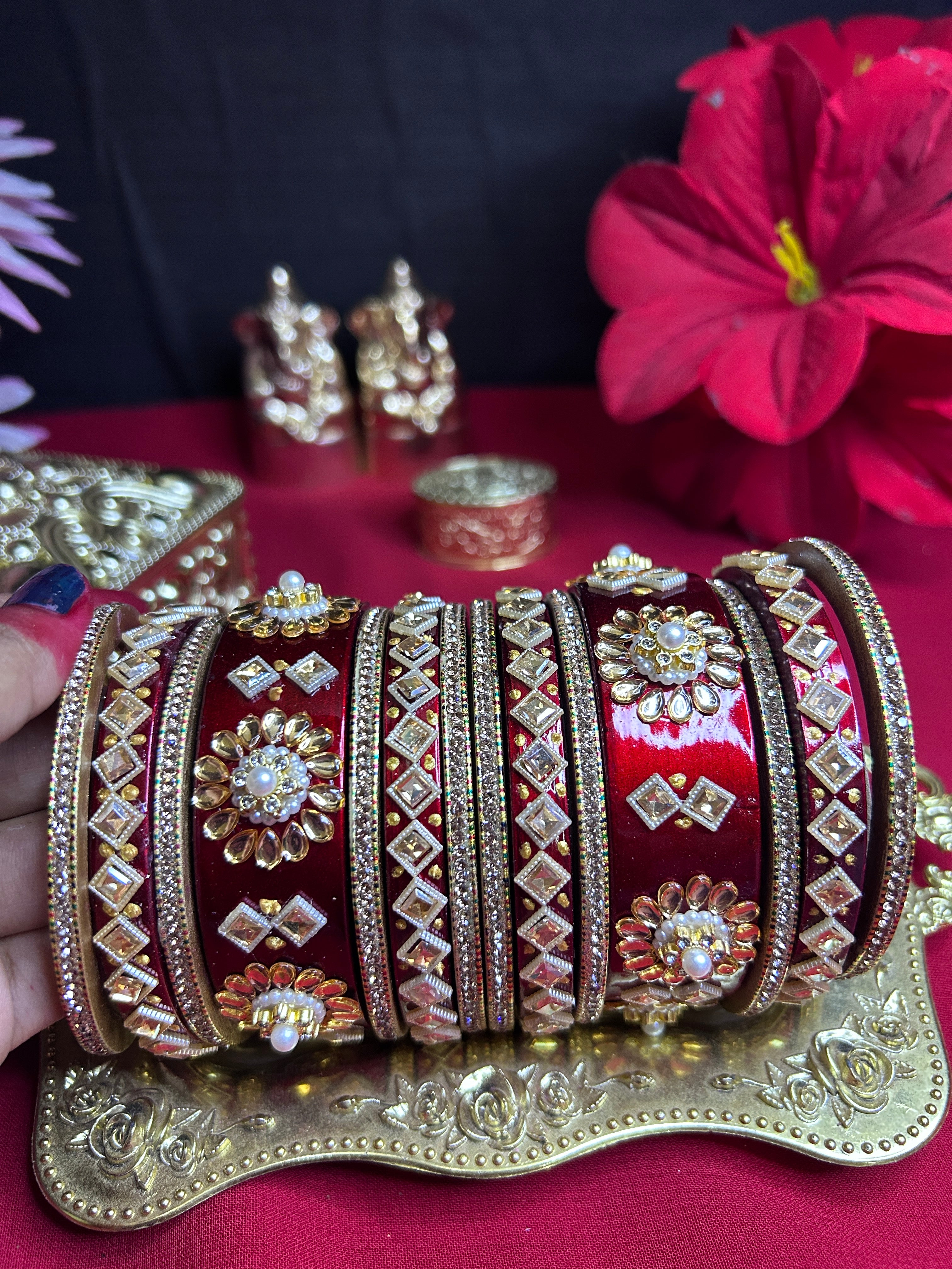 Bridal Maroon Designer Chooda Set - Kundan & Pearl Work