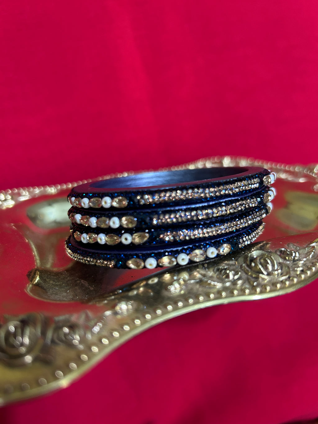 Designer Navy Blue Lah Bangles Set - Pearl & Gold Accents