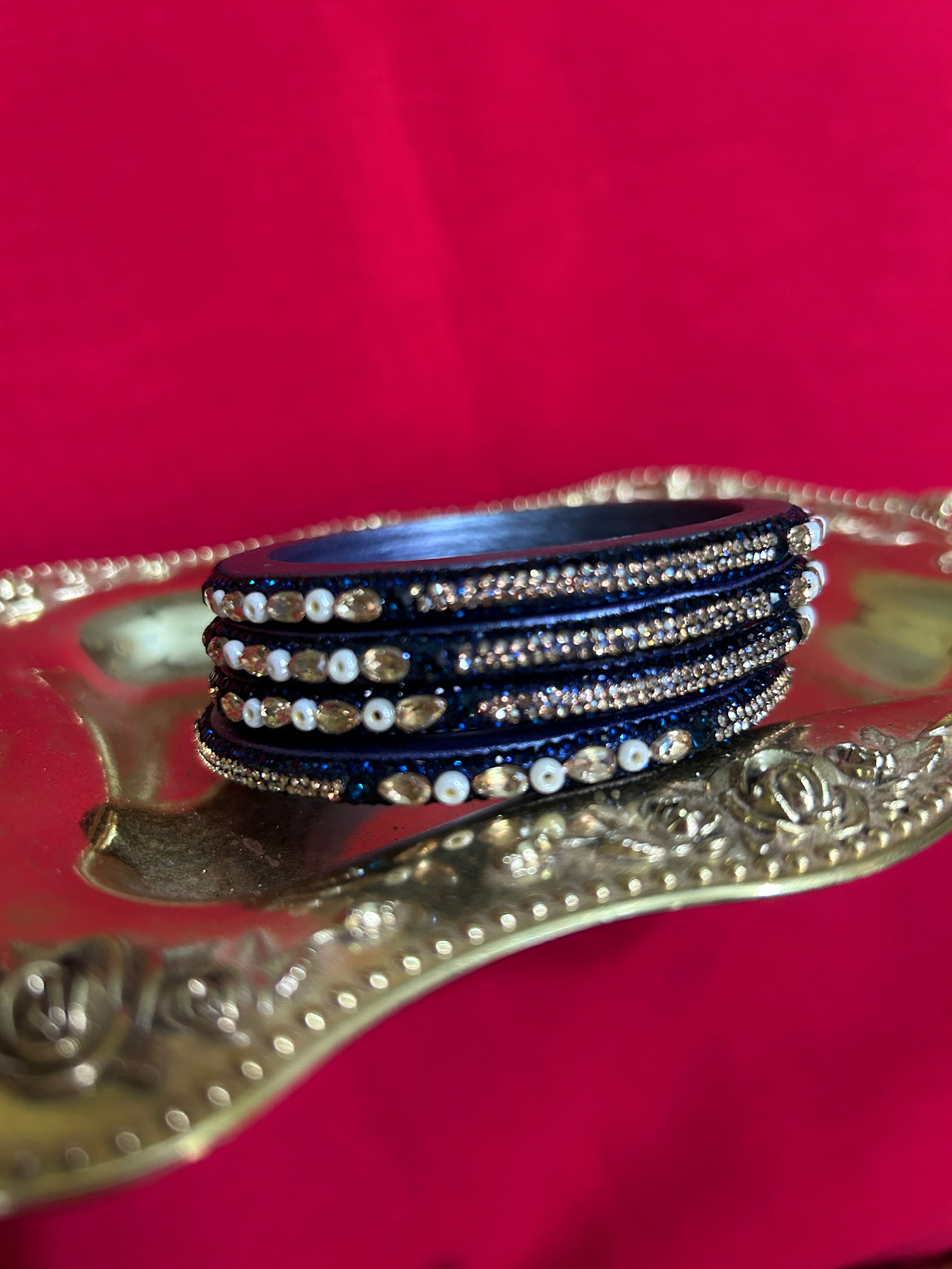 Designer Navy Blue Lah Bangles Set - Pearl & Gold Accents