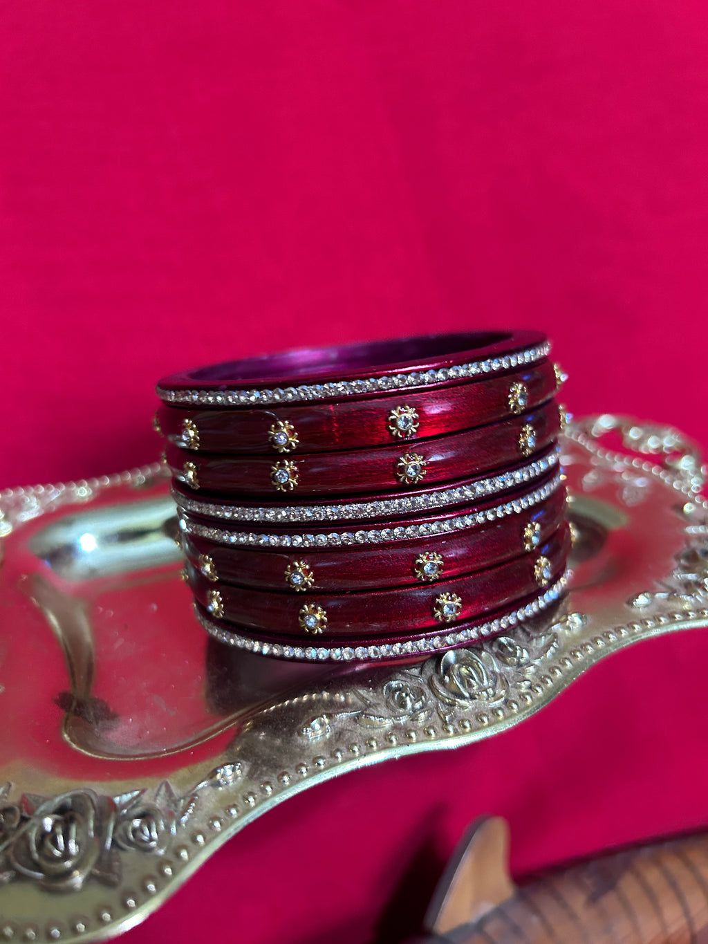 Designer Maroon-Red Lah Bangles Set - Gold Star Motifs