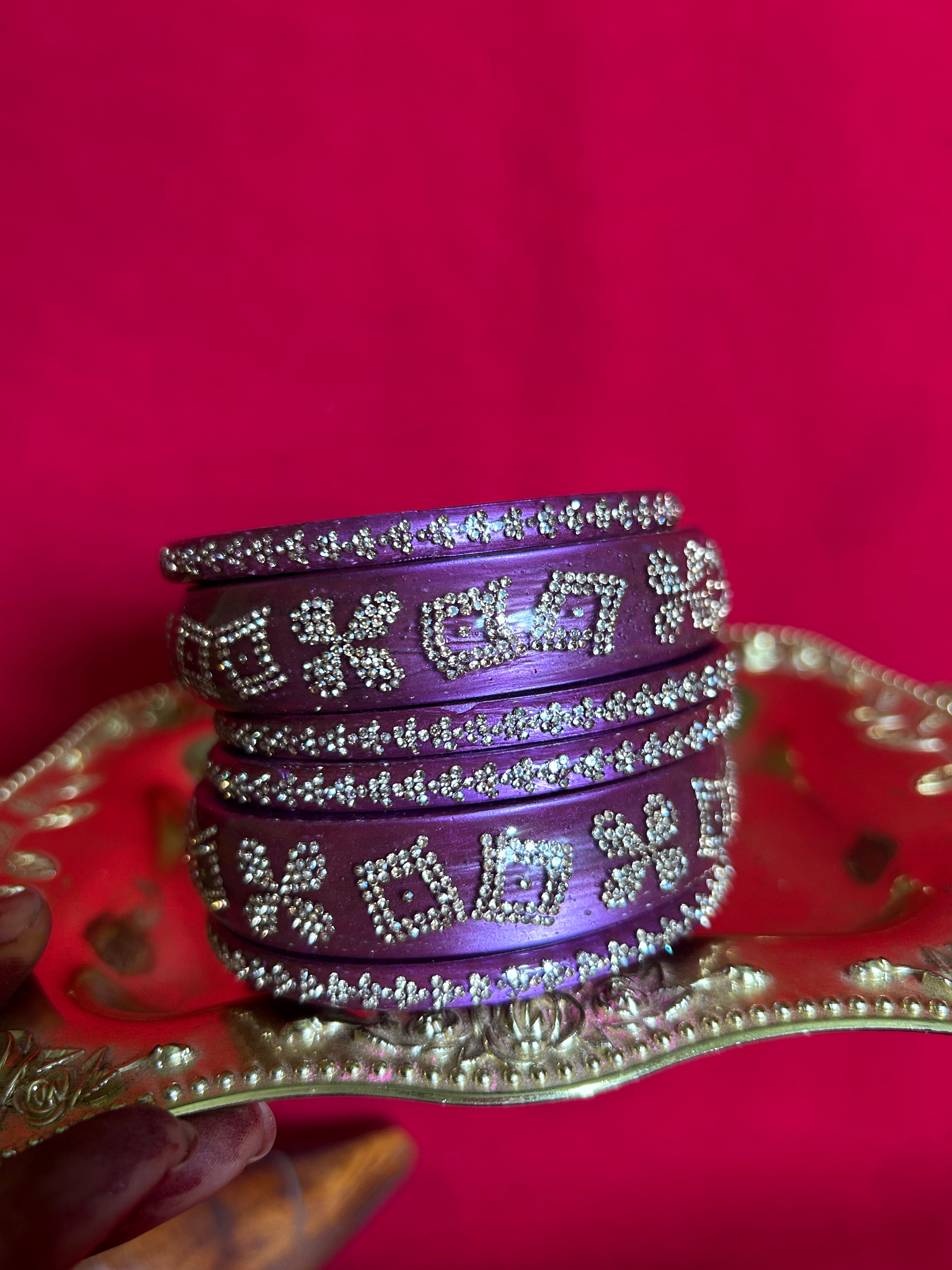 Designer Purple Lah Bangles Set - Silver Geometric Motifs