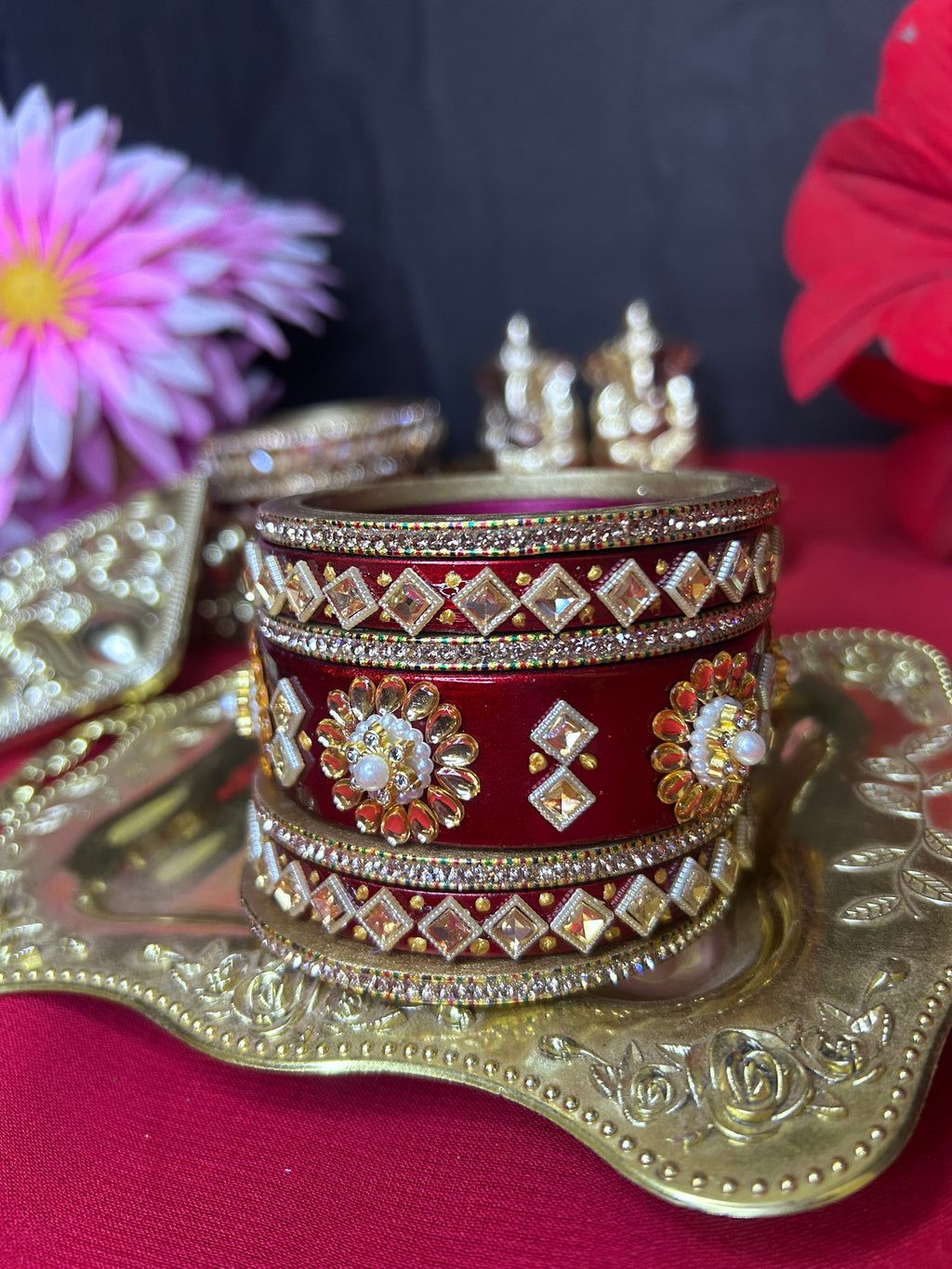 Bridal Maroon Designer Chooda Set - Kundan & Pearl Work