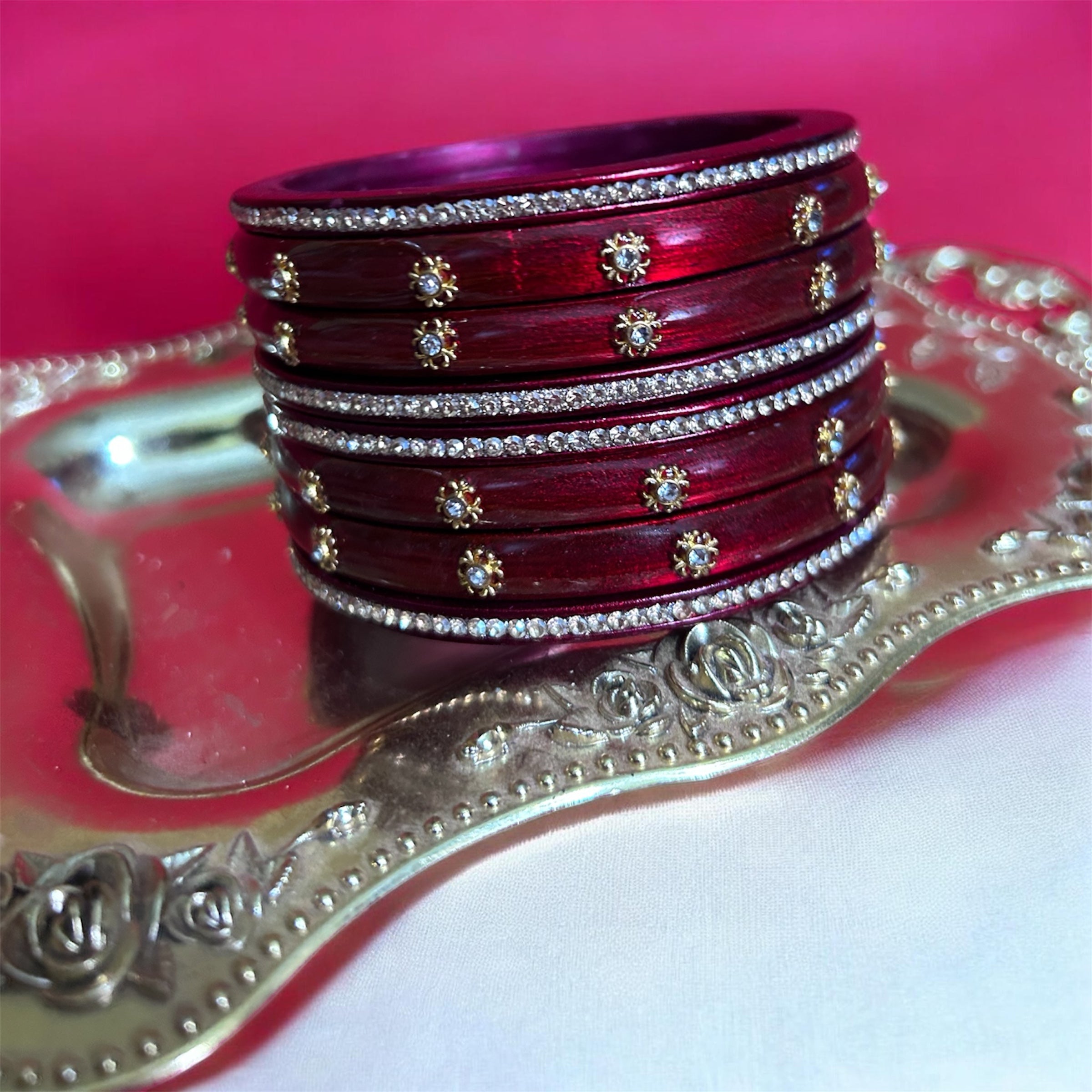 Designer Maroon-Red Lah Bangles Set - Gold Star Motifs