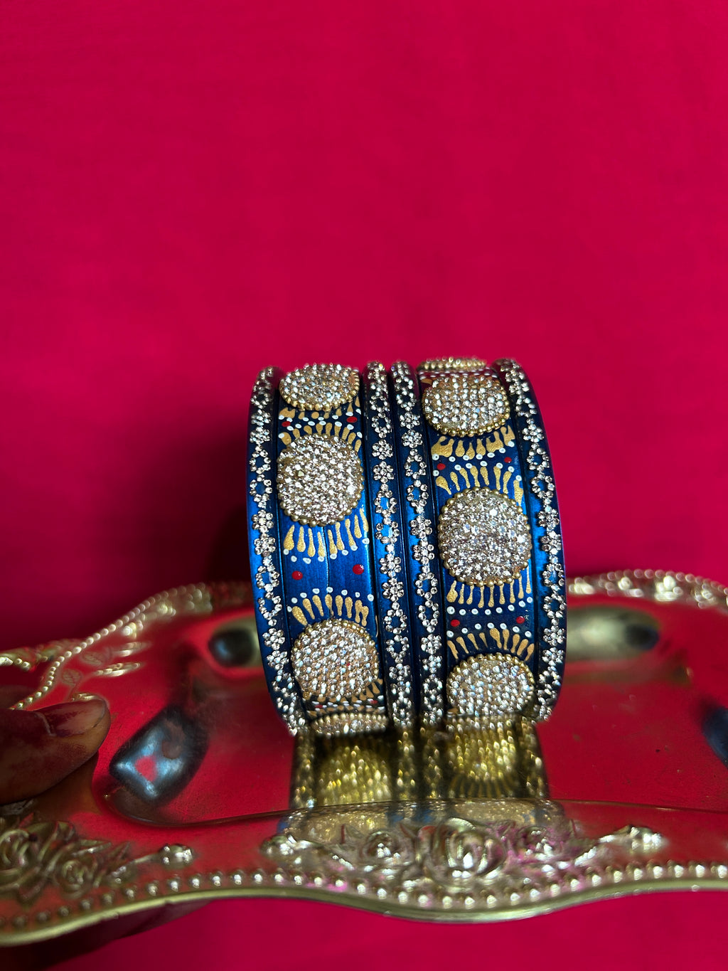 Designer Royal Blue Lah Bangles Set - Golden Sunburst Motifs