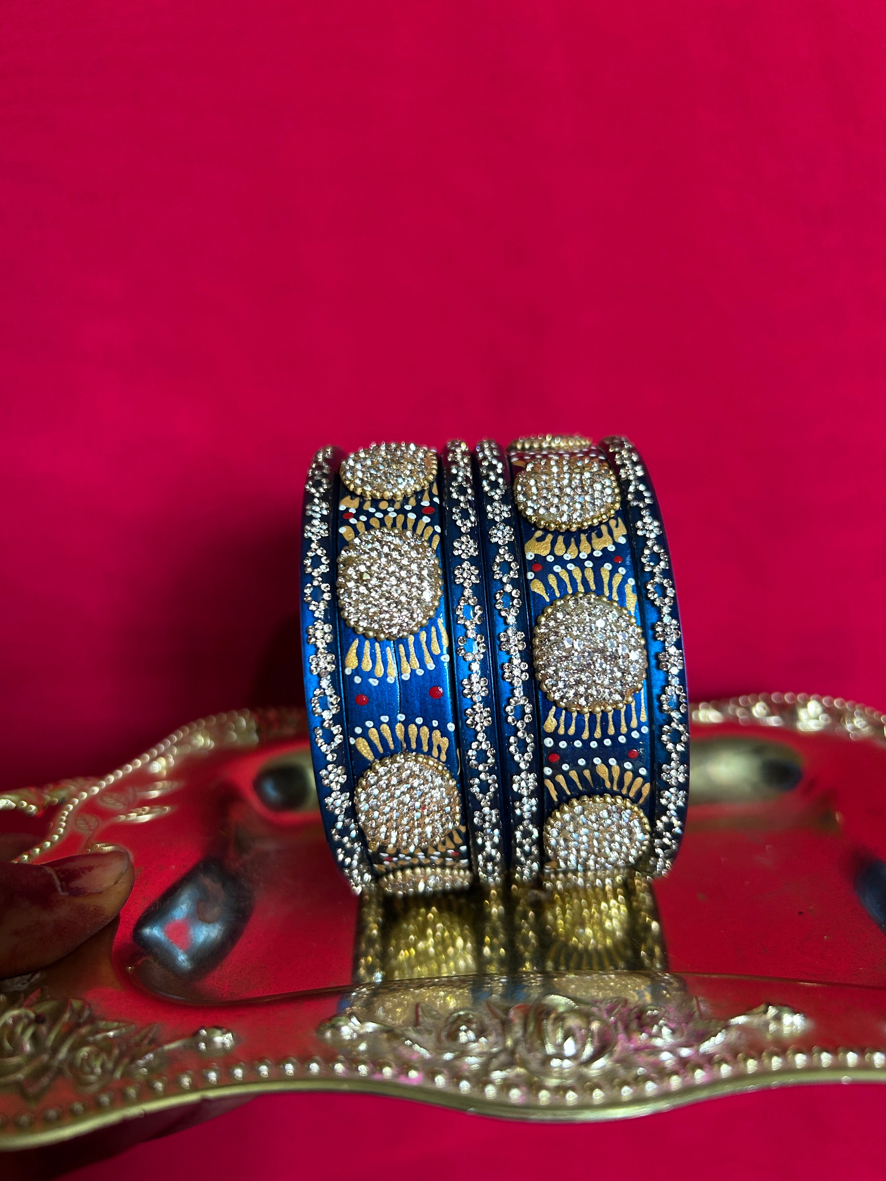 Designer Royal Blue Lah Bangles Set - Golden Sunburst Motifs