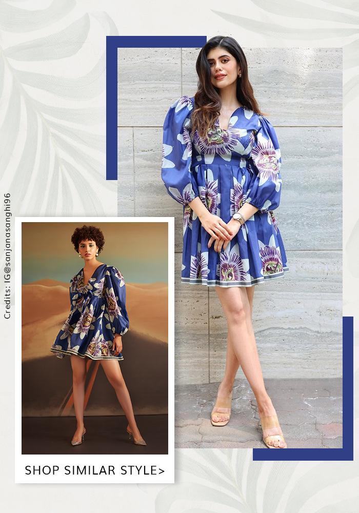 Women’s Blue Floral Puff Sleeve Mini Dress – V-Neck Fit & Flare Casual Party Dress