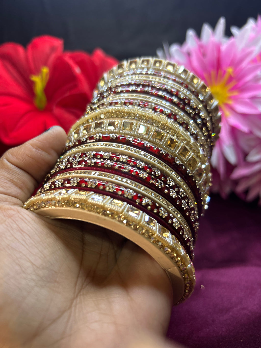 Bridal Designer Chooda Bangles Set - Maroon & Ivory