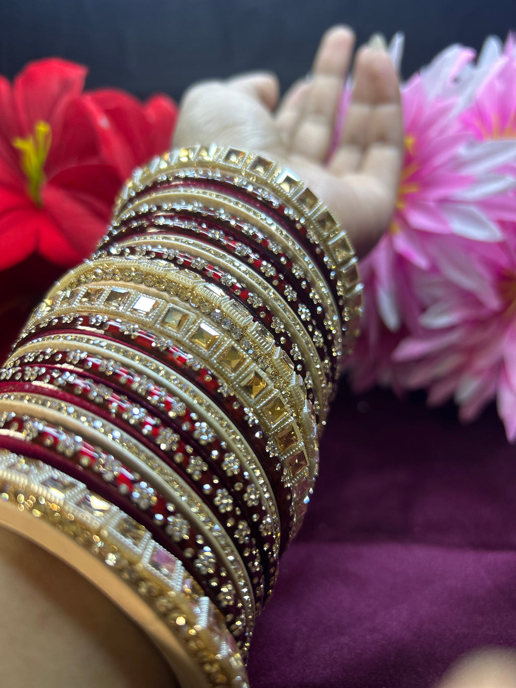 Bridal Designer Chooda Bangles Set - Maroon & Ivory