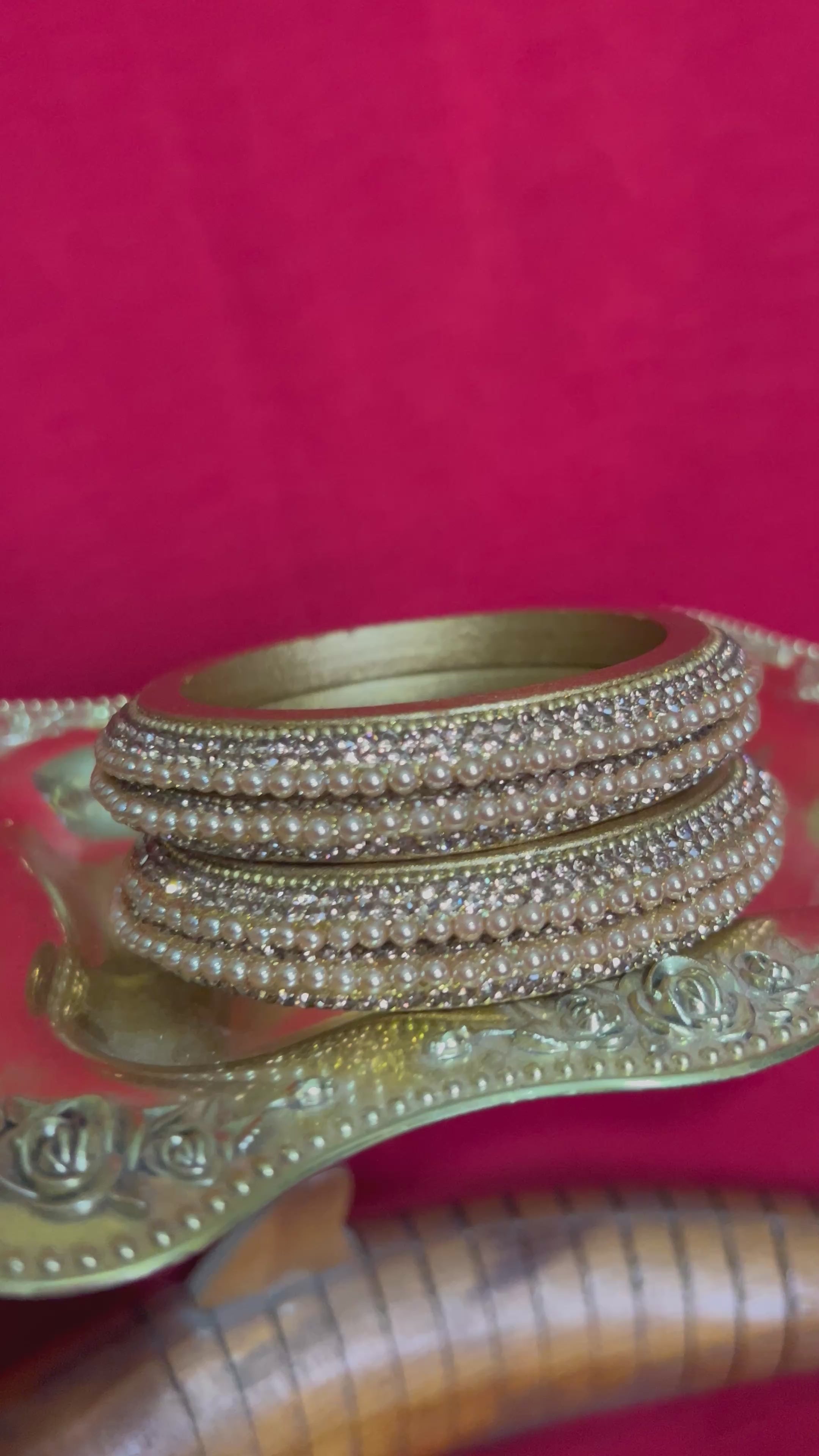 Designer Golden Metallic Lah Kada Set - Pearl & Diamond Accents