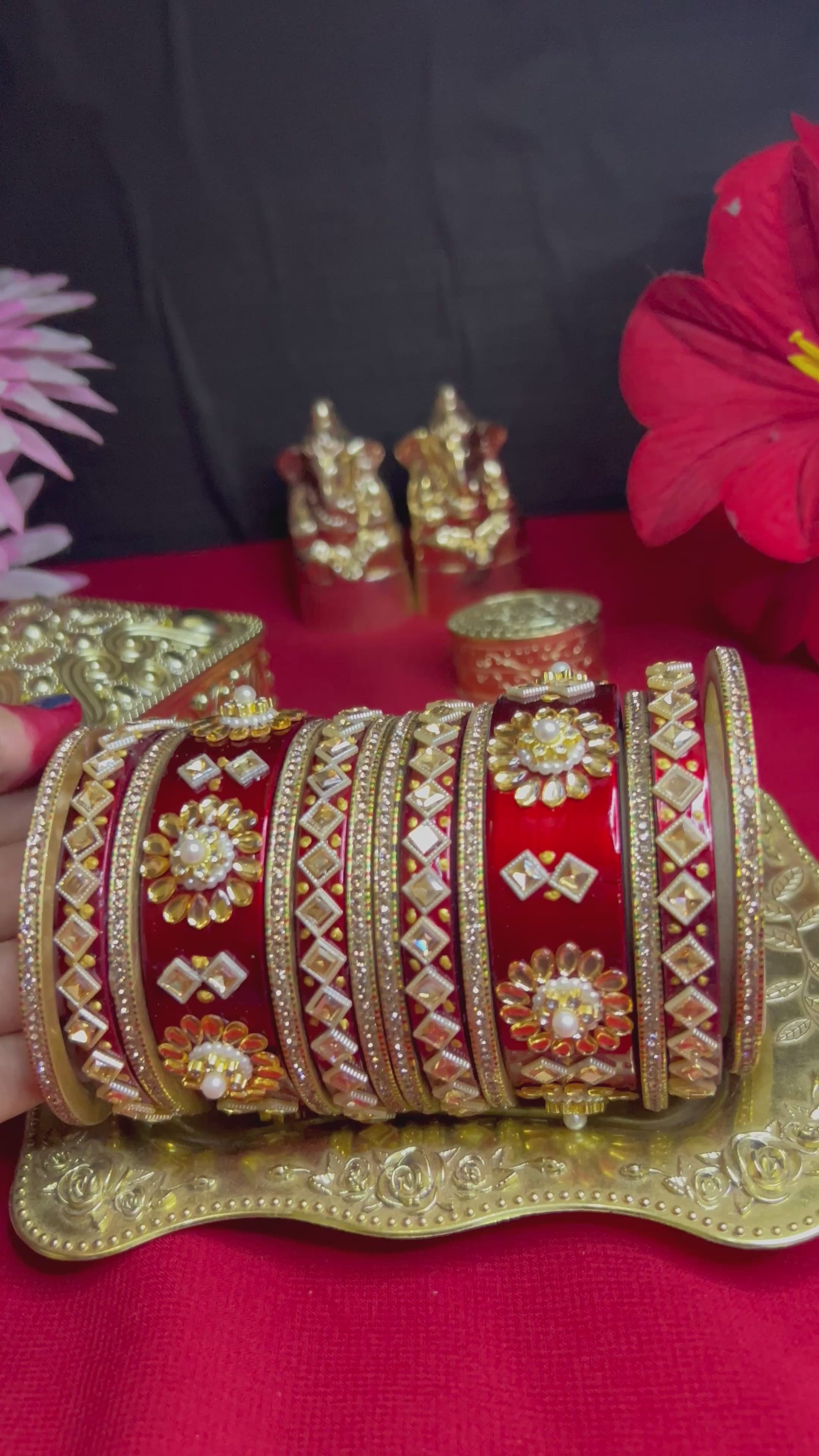 Bridal Maroon Designer Chooda Set - Kundan & Pearl Work