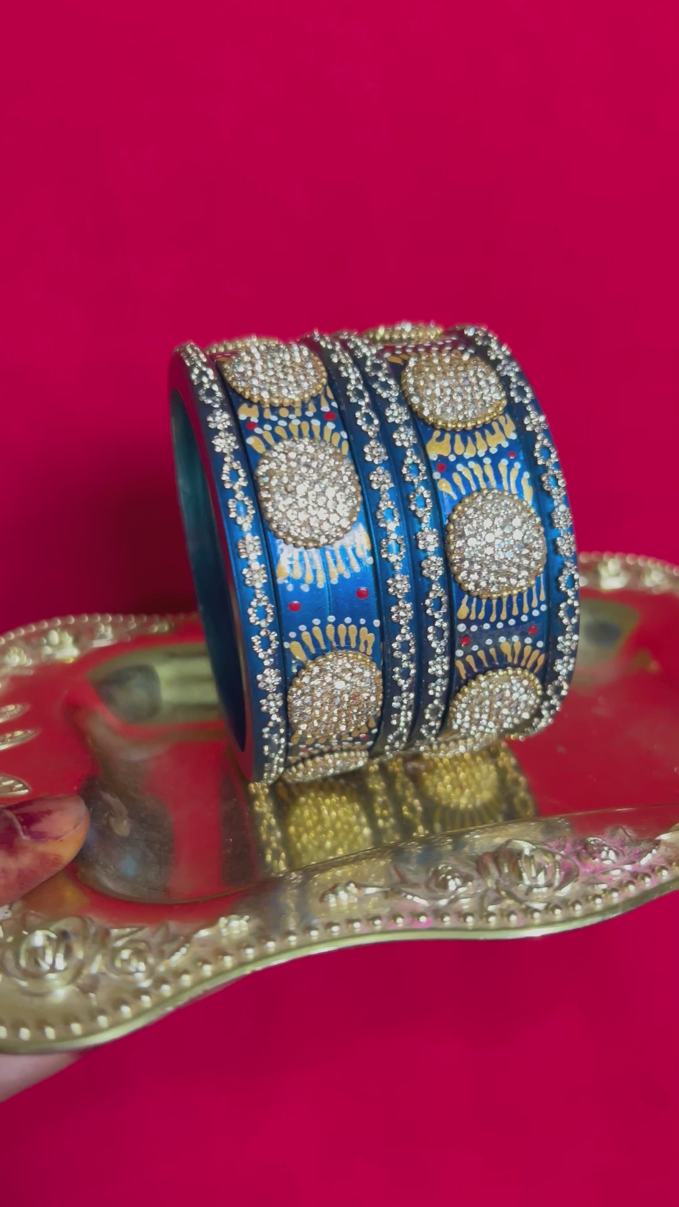 Designer Royal Blue Lah Bangles Set - Golden Sunburst Motifs