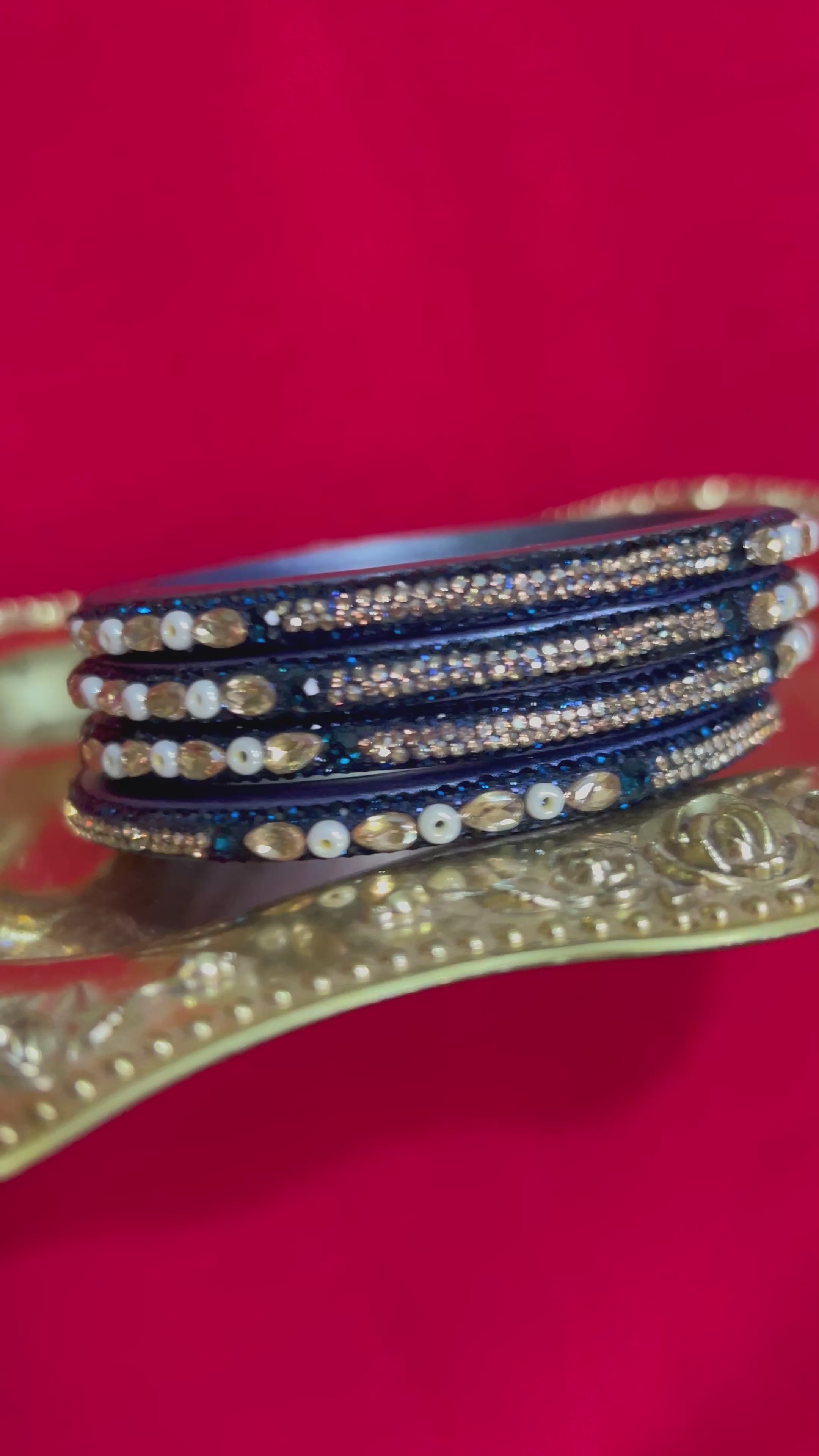 Designer Navy Blue Lah Bangles Set - Pearl & Gold Accents