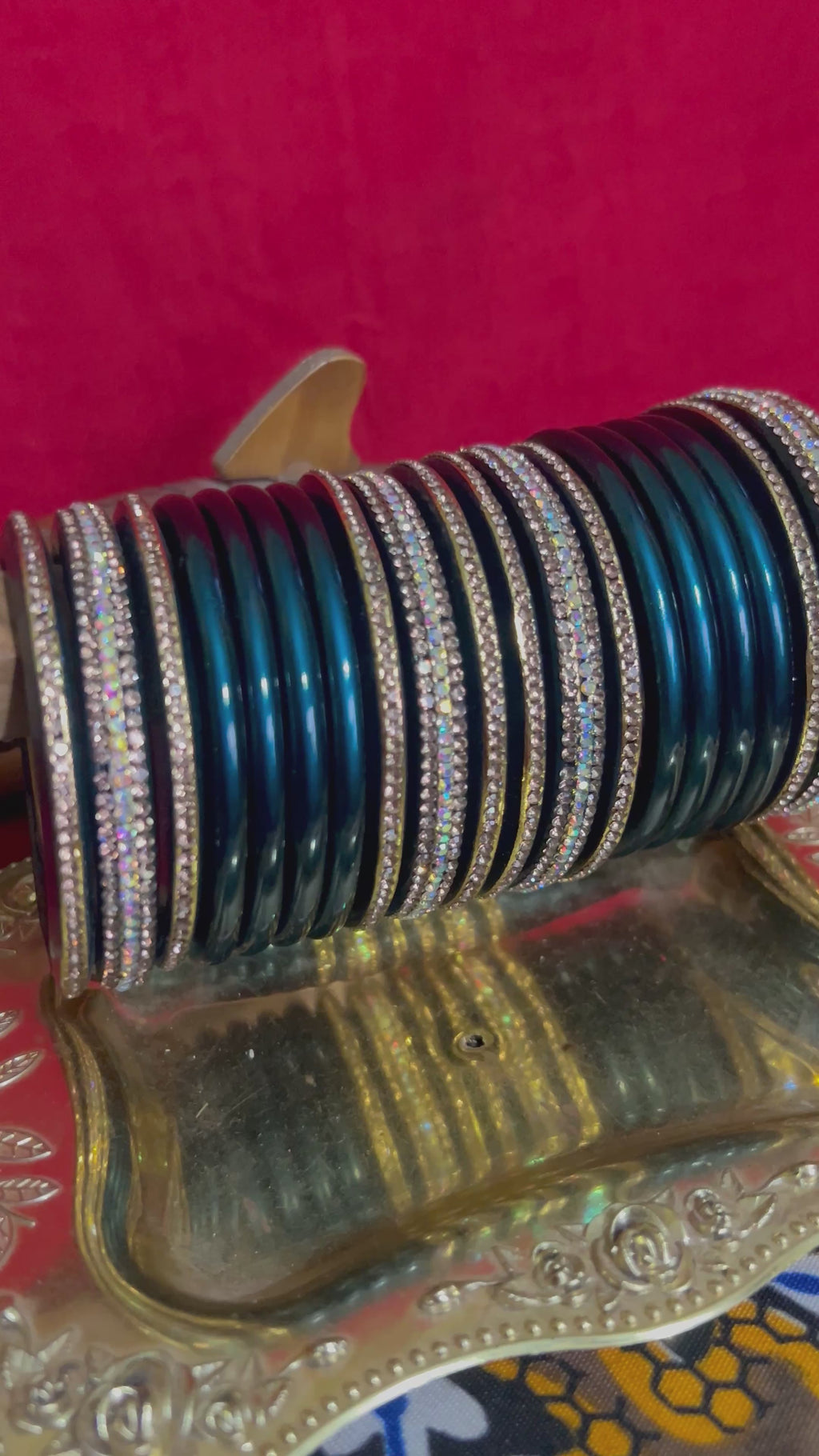 Designer Dark Teal Lah Bangles Set - Iridescent Stone Accents