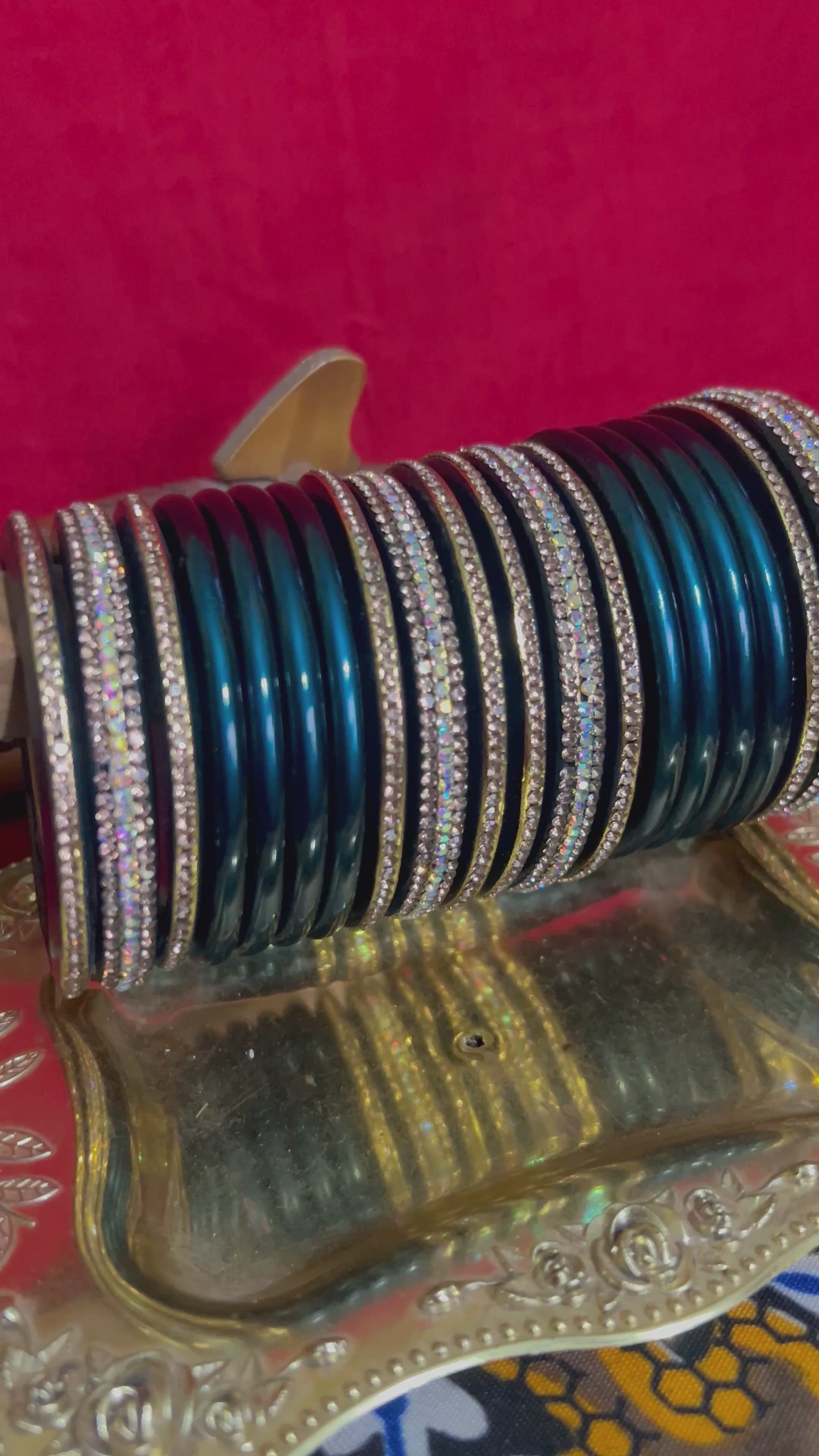 Designer Dark Teal Lah Bangles Set - Iridescent Stone Accents
