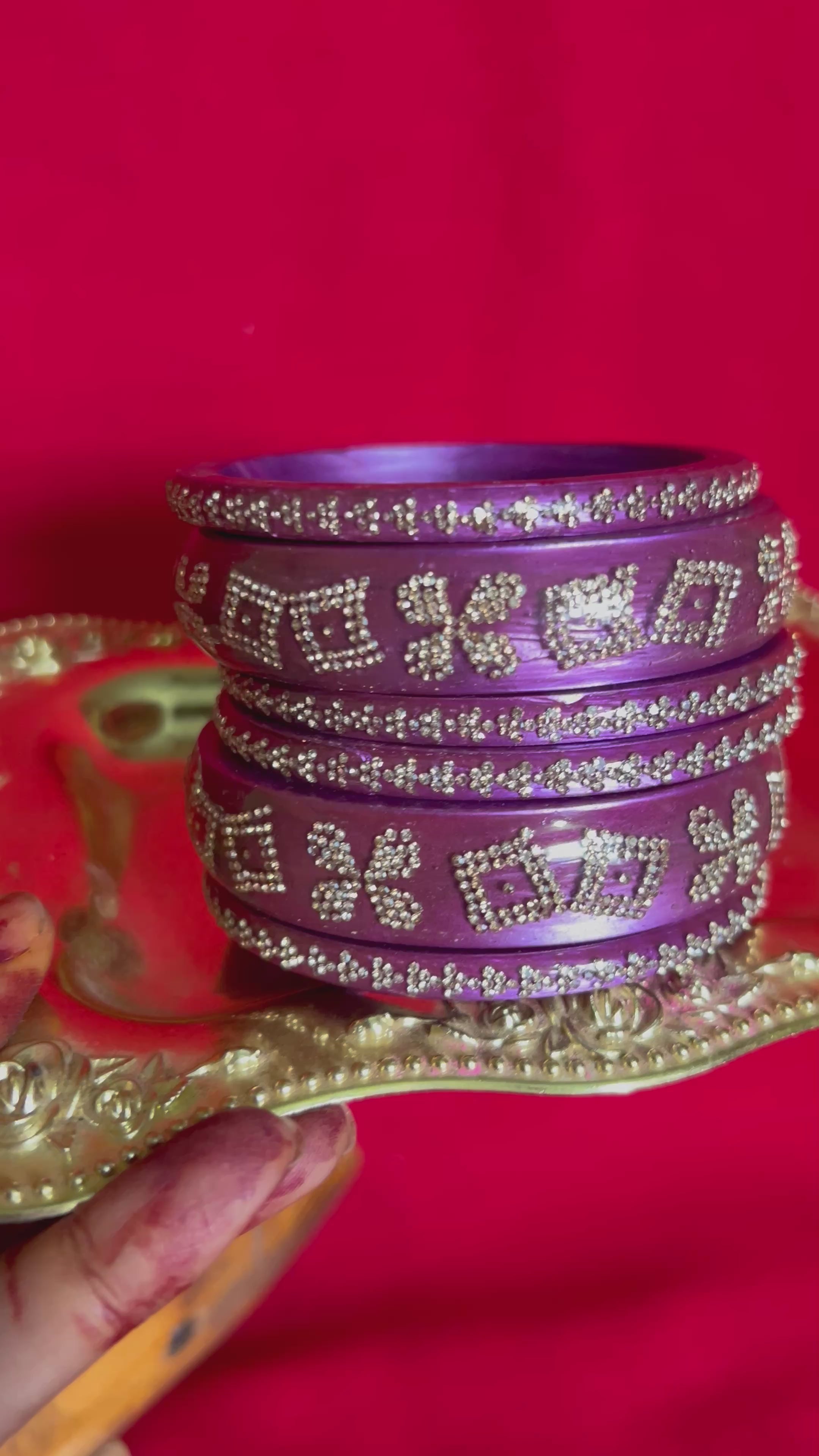Designer Purple Lah Bangles Set - Silver Geometric Motifs