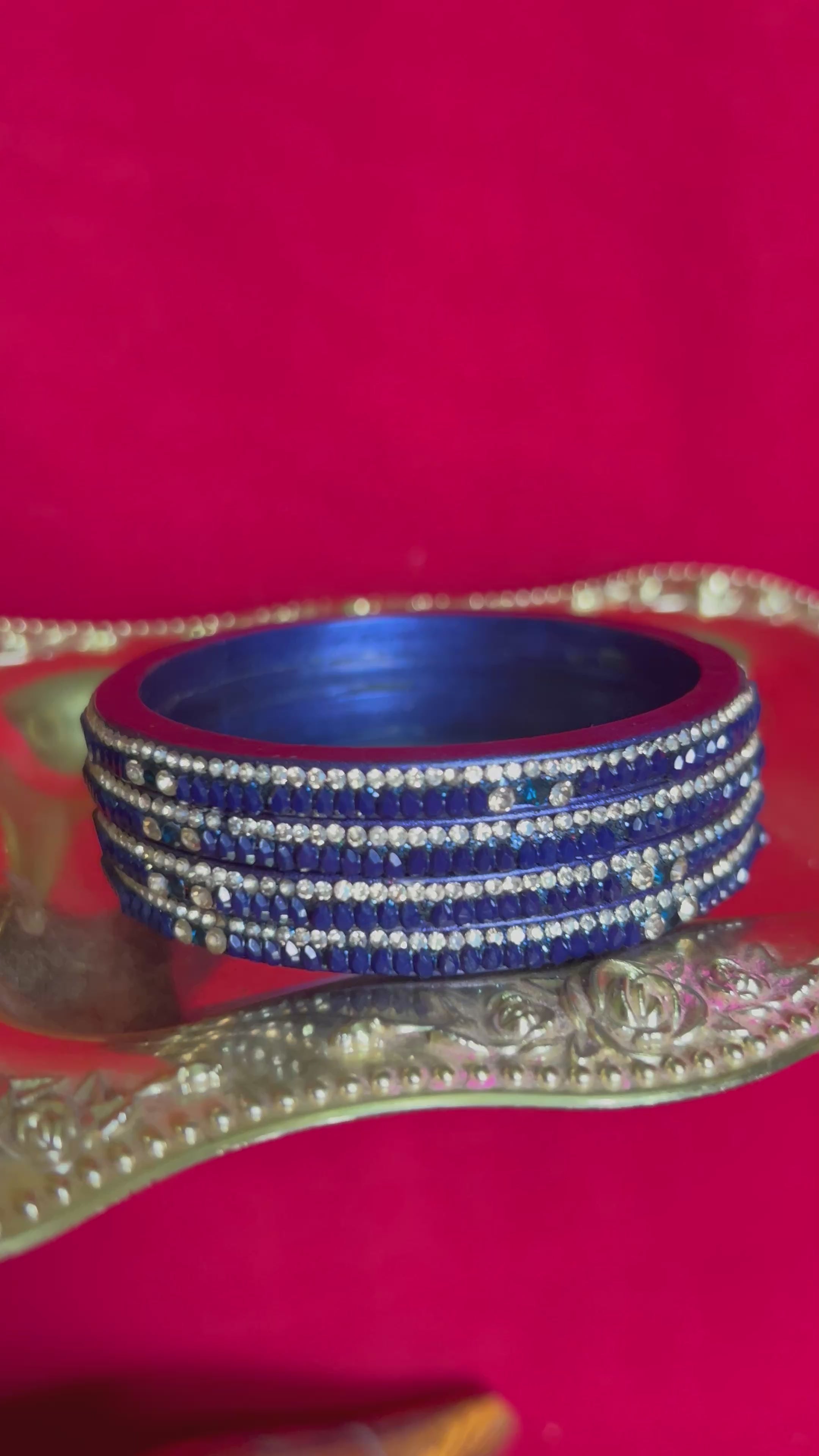 Designer Navy Blue Lah Bangles Set - Crystal Stone Accents