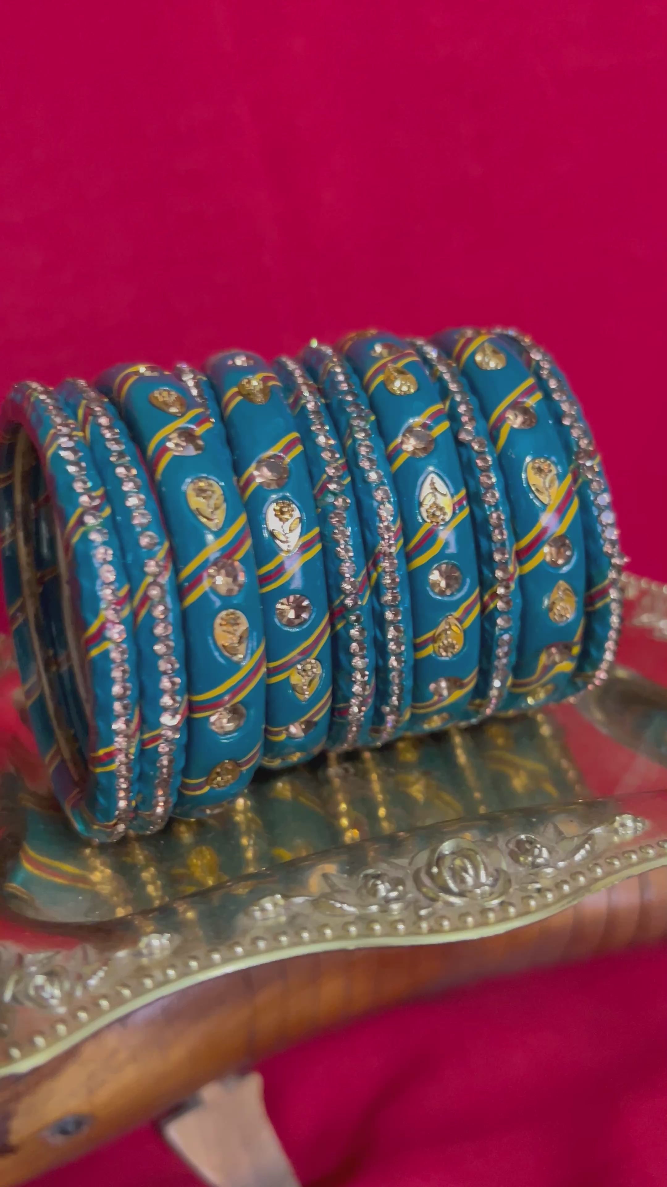 Designer Teal Blue Lah Bangles Set - Gold Leaf & Stone Work