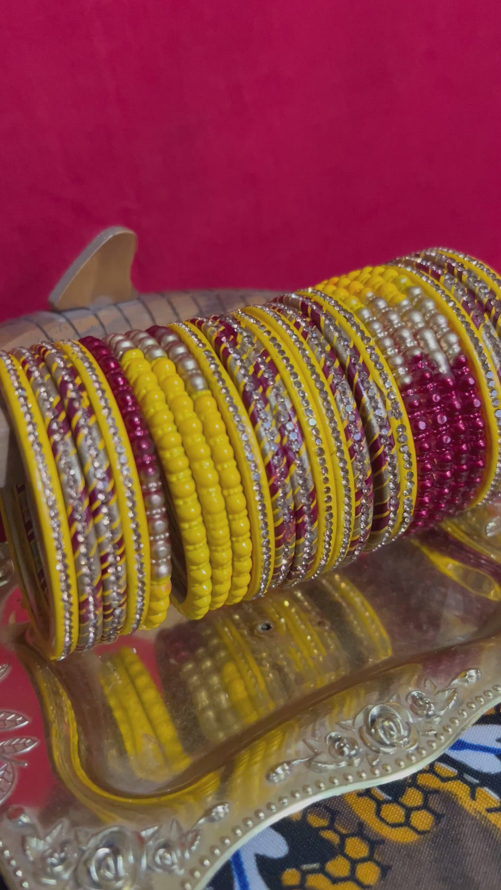 Multicolor Designer Lah Bangles Set - Yellow, Maroon & Silver