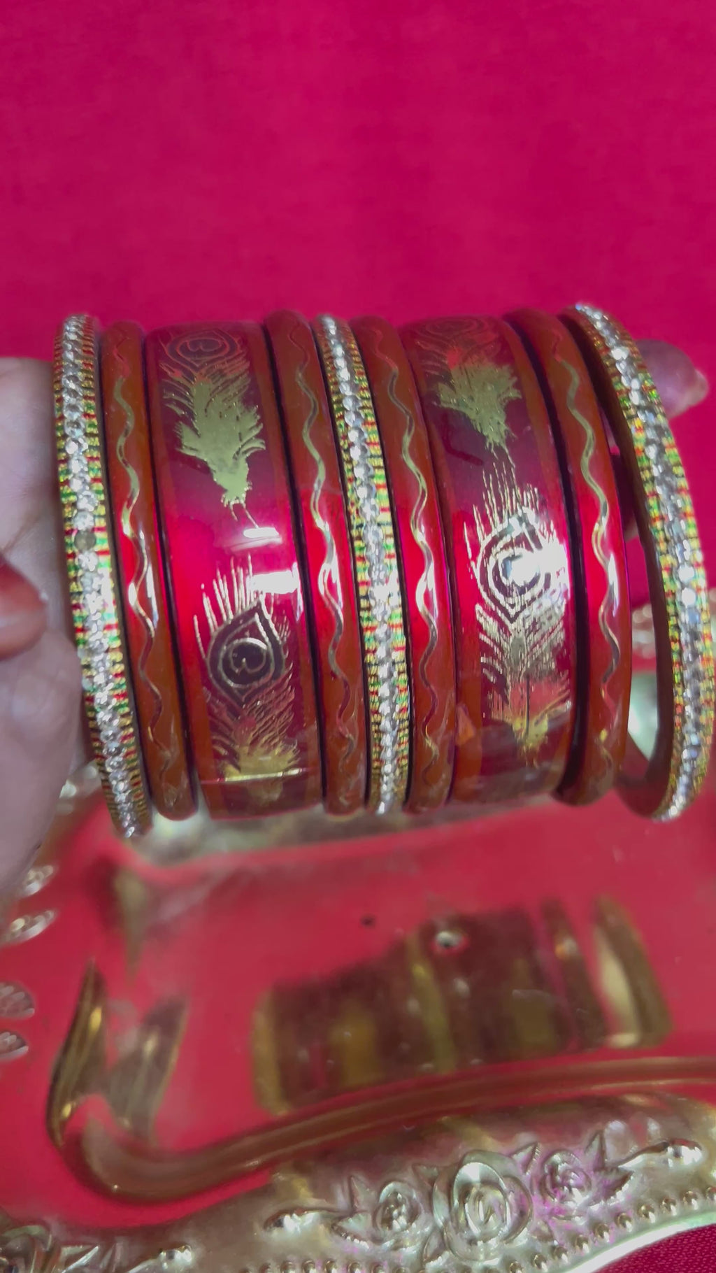 Designer Maroon Red Lah Bangles Set - Golden Peacock Feather Motifs