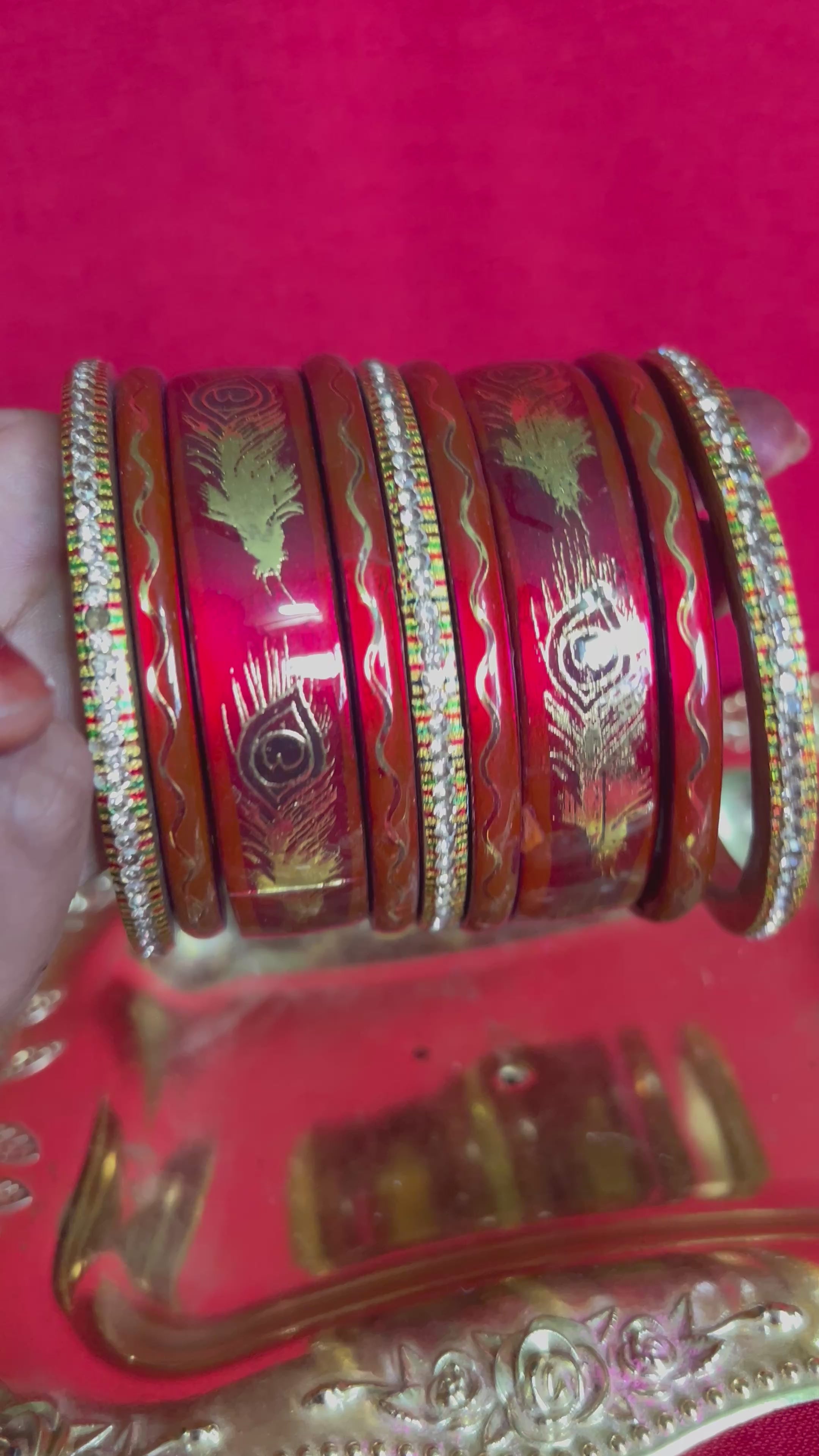 Designer Maroon Red Lah Bangles Set - Golden Peacock Feather Motifs